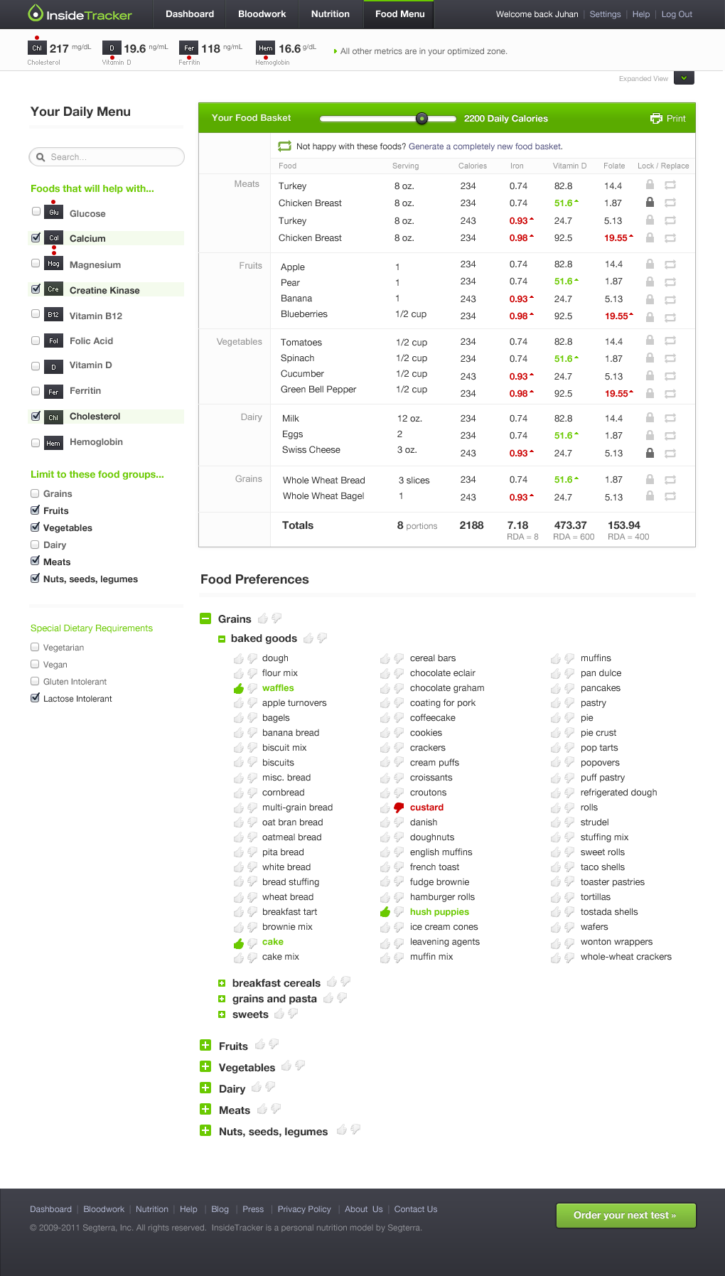 Segterra Food Menu User Interface